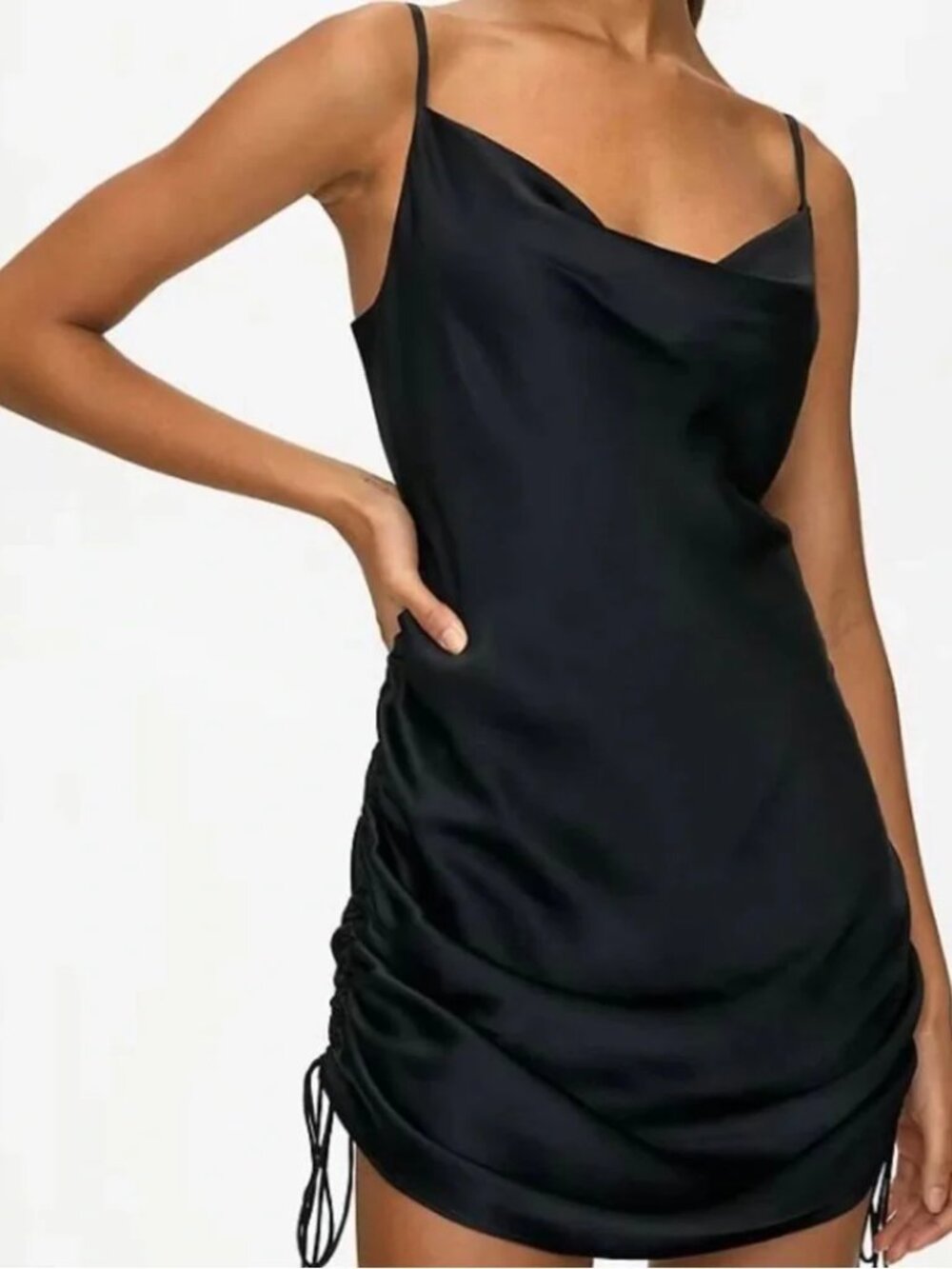 Zara Black Satin Strappy Ruched Mini Dress Size S